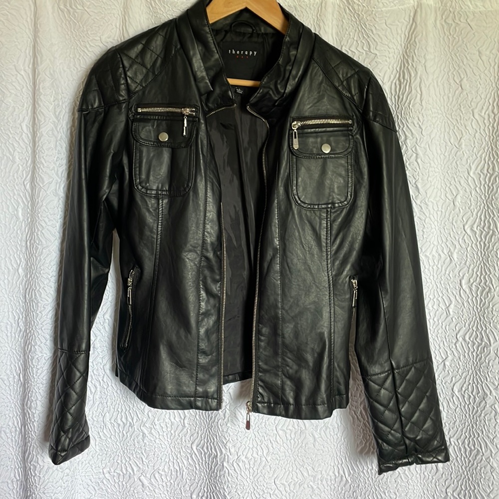Black faux leather jacket with removable hoodie large
